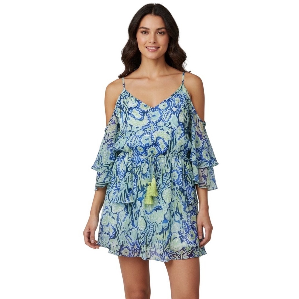 Lilly Pulitzer Women XS Cold Shoulder Tassel Ruffle Tunic Top Blue Green Coastal